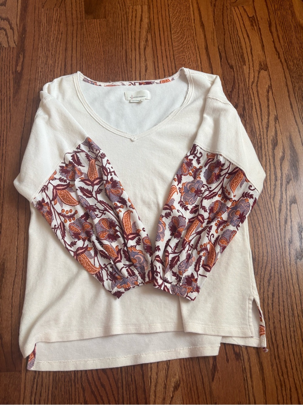 Anthropologie Cream Top with Floral Printed Puff Sleeves